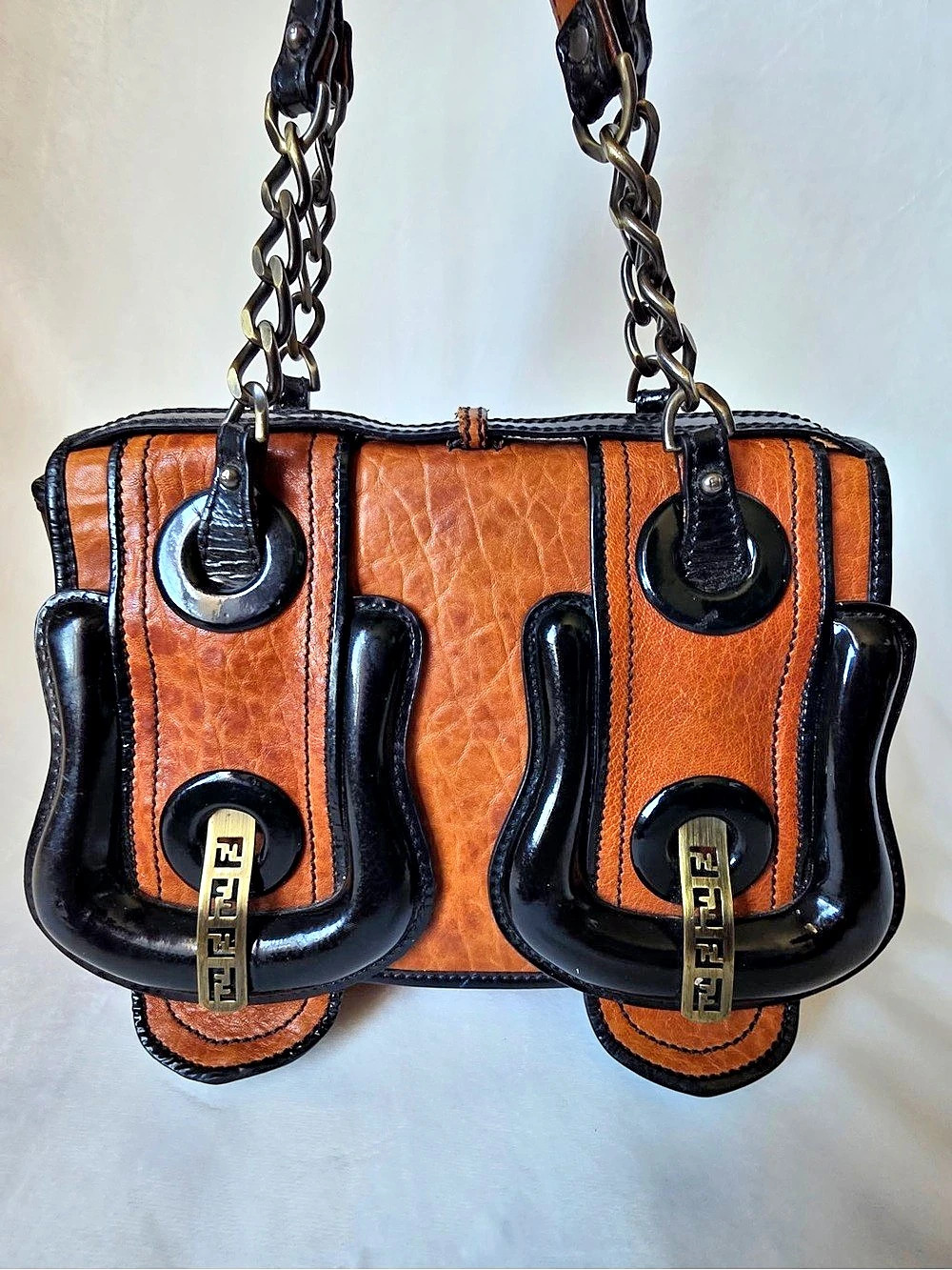 Fendi Nappa Patent B Bag in Cognac and Black